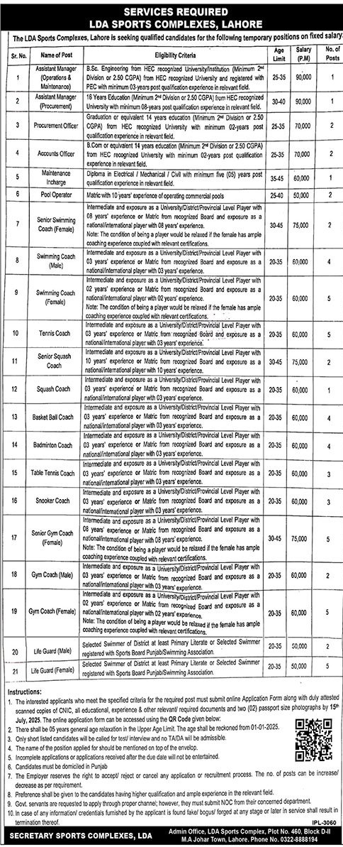 Jobs in LDA Sports Complex Lahore